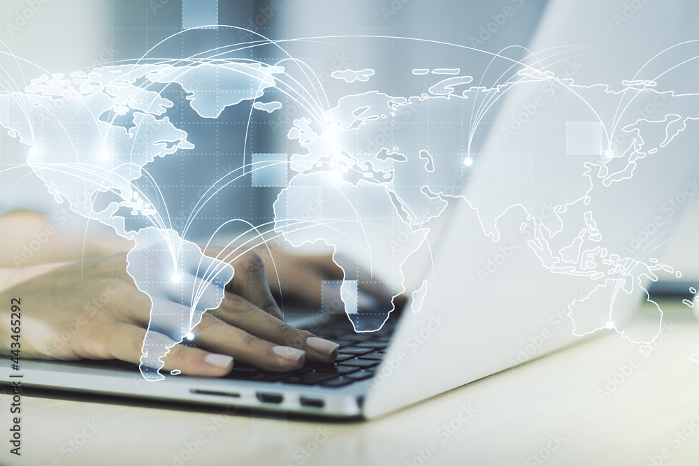 Poster abstract graphic digital world map with connections and hands typing on computer keyboard on backgro