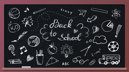 Vector set of doodle hand drawn study supply, objects for learning at school or university on a blackboard	