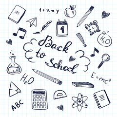 Vector set of doodle hand drawn study supply, objects for learning at school or university in the copybook or paper