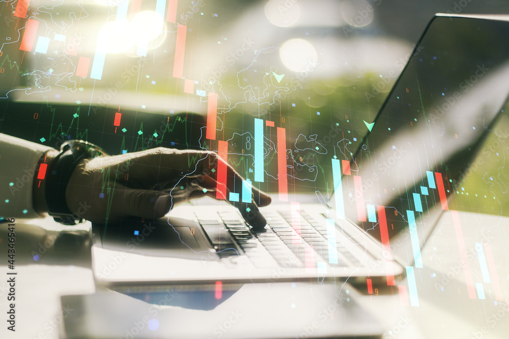 Poster creative abstract economic crisis chart with world map hologram and with hands typing on computer ke