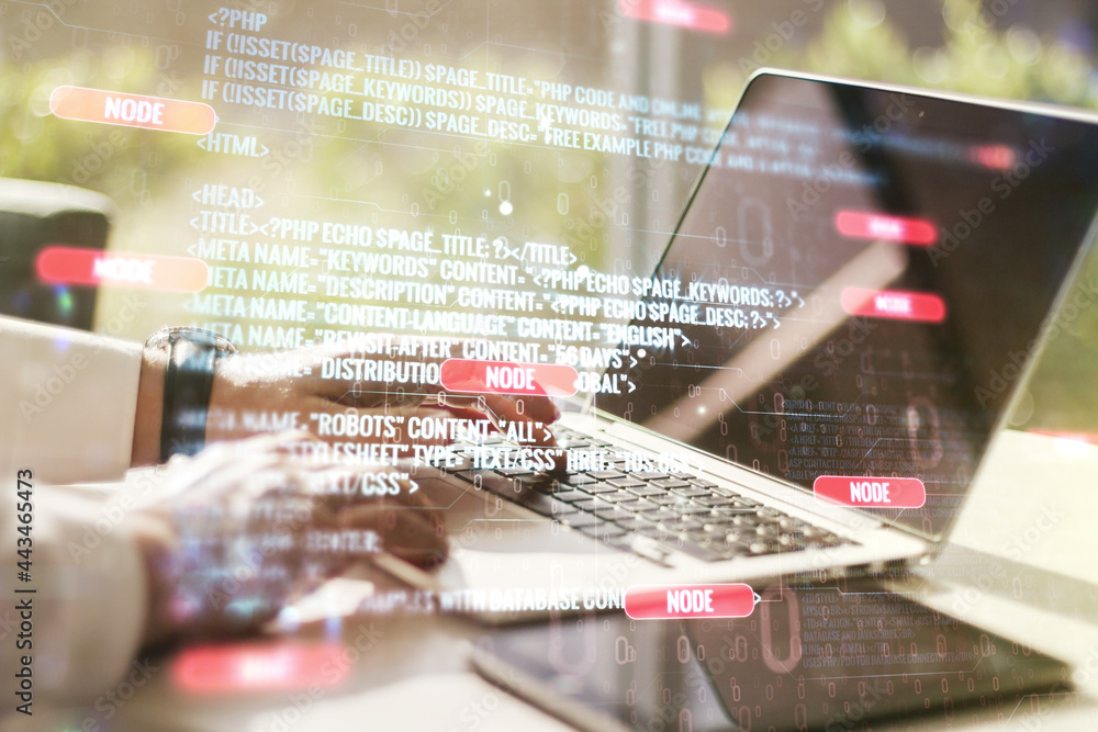 Poster double exposure of abstract programming language hologram with hands typing on laptop on background,