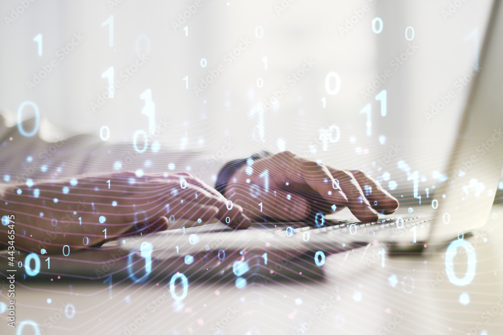 Poster creative abstract binary code hologram and hands typing on computer keyboard on background, ai and m