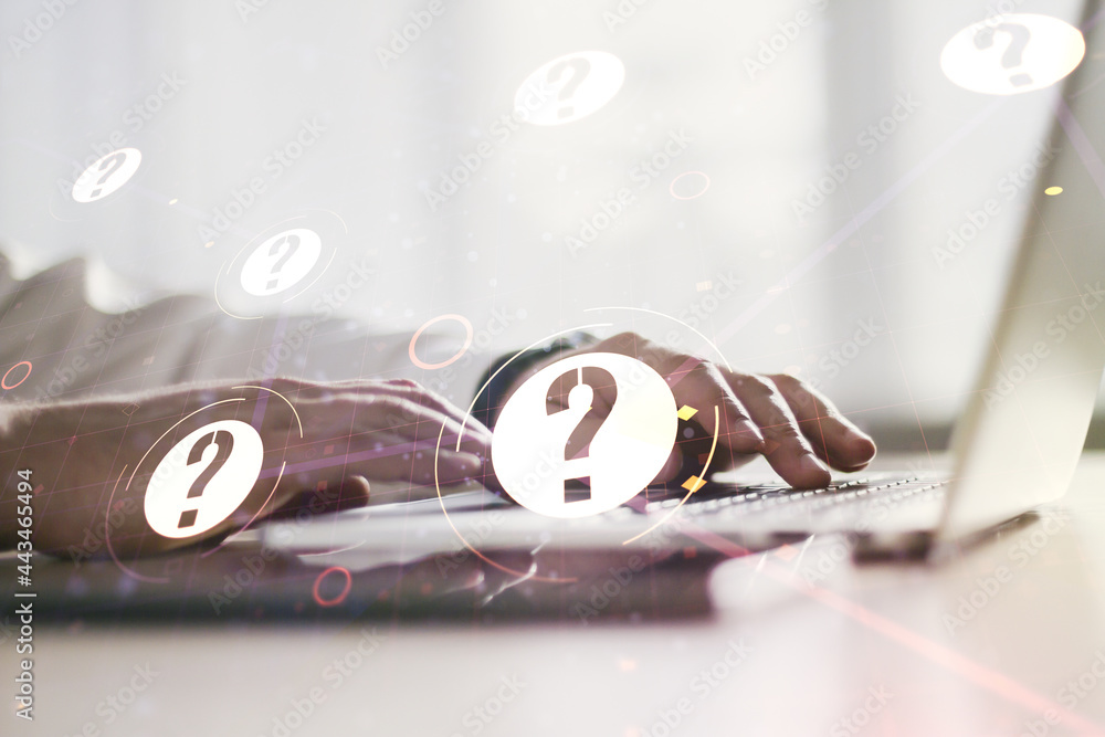 Aufkleber double exposure of question mark hologram and hands typing on laptop on background. sociology and ps