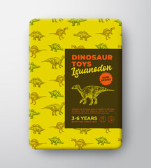 Dinosaur Toys Label Template. Abstract Vector Packaging Design Layout. Hand Drawn Iguanodon Sketch with Ancient Reptile Creatures Pattern Background and Realistic Shadows. Isolated