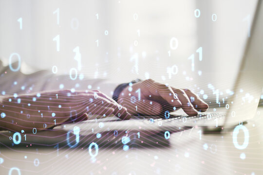 Creative abstract binary code hologram and hands typing on computer keyboard on background, AI and machine learning concept. Multiexposure