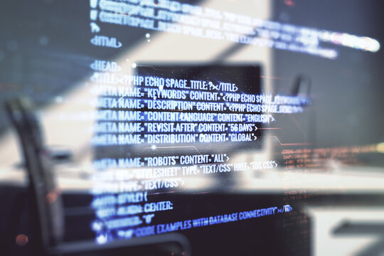 Abstract creative coding illustration and modern desktop with pc on background, software development concept. Multiexposure