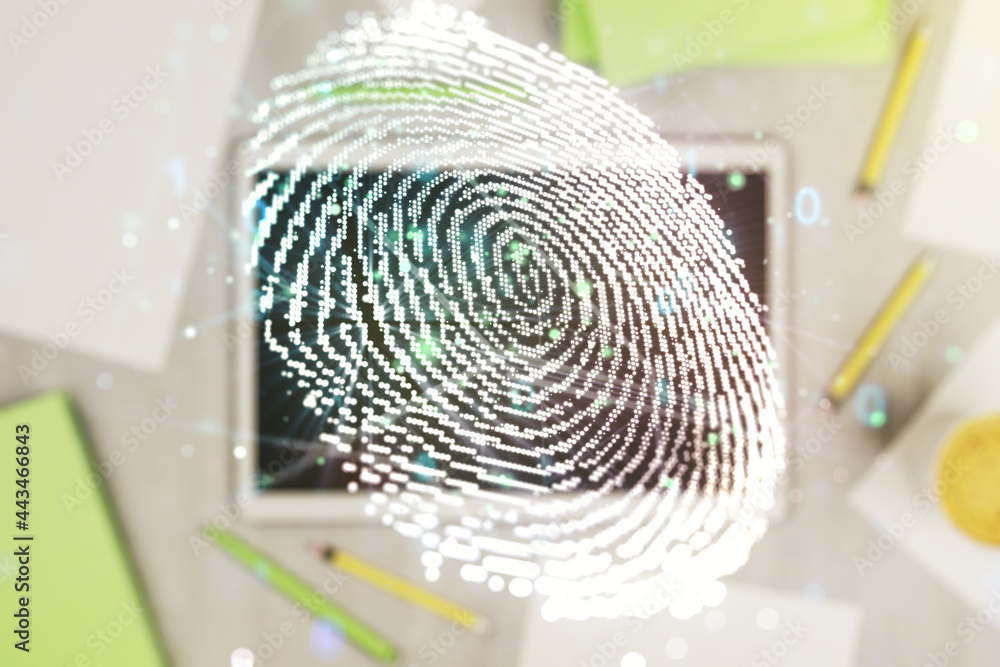 Fototapete Multi exposure of abstract graphic fingerprint sketch and modern digital tablet on desktop on background, top view, fingerprint scan data concept