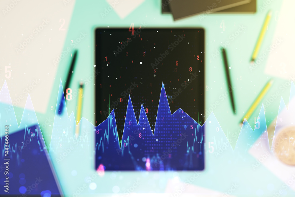 Poster double exposure of abstract creative statistics data hologram and digital tablet on background, top 