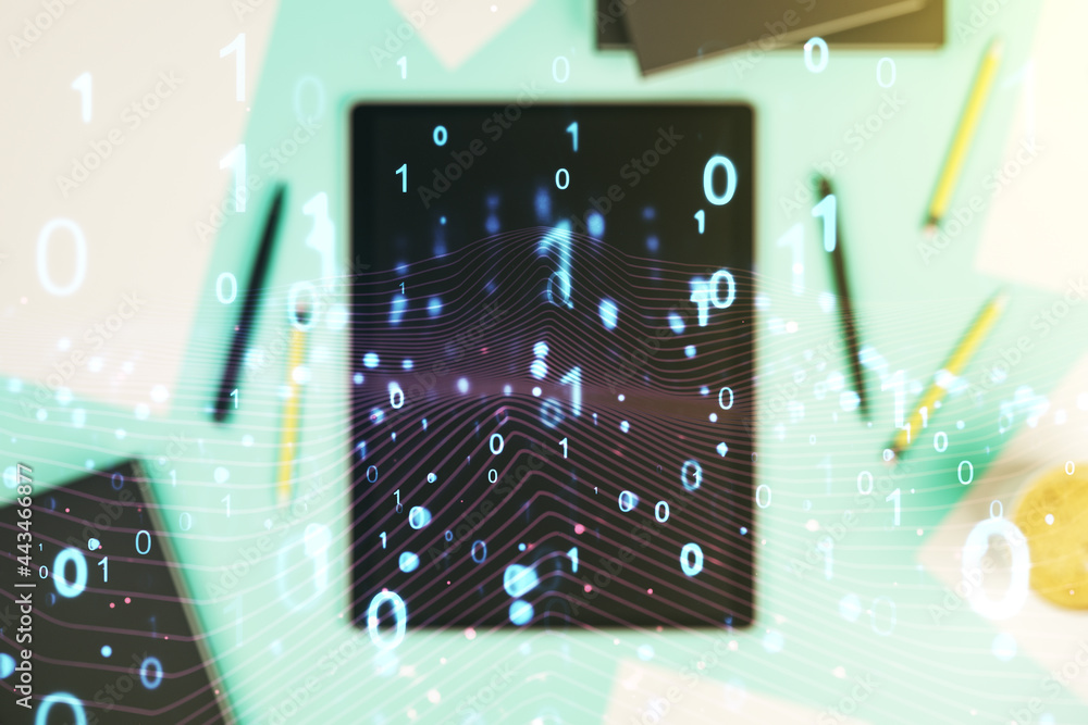 Poster creative abstract binary code hologram and modern digital tablet on desktop on background, top view,