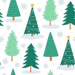 Christmas tree seamless pattern. Noel print with snowflakes, xmas decorated and forest pine trees. Winter holiday cute tree vector wallpaper