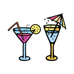 Set of color vector illustrations of cocktail glasses with bubbles, lemon, umbrella and straw. Icon for bar and club, logo, website, party, cafe menu, textile, postcard, bar menu.