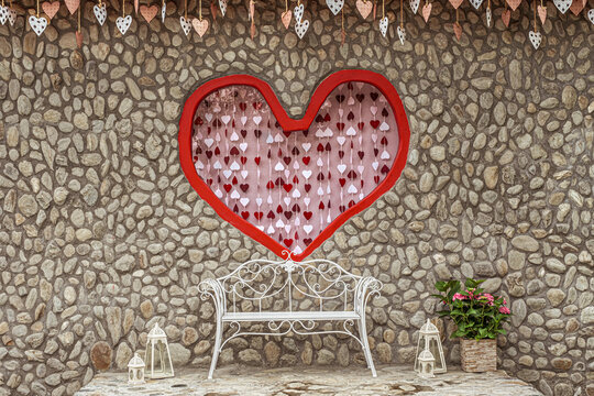 love scene backdrop For taking pictures with an iron bench and a stone background frame with a red heart in the center