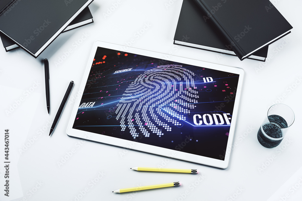 Poster Top view of modern digital tablet display with abstract creative fingerprint illustration, personal biometric data concept. 3D Rendering