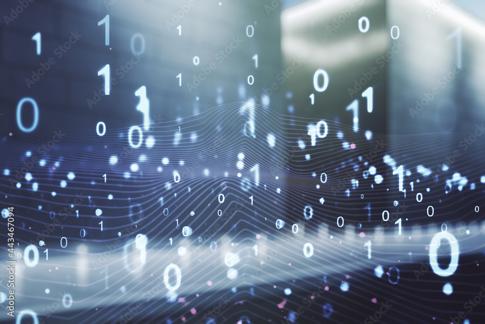 Poster abstract virtual binary code illustration on blurry modern office building background. big data and 