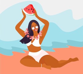 Beautiful young woman in a bikini resting and sunbathing on the beach with a juicy watermelon in her hands. Summer rest and vacation. Party invitation card. Vector flat illustration. 