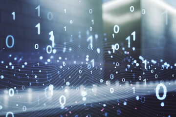 Obraz premium Abstract virtual binary code illustration on blurry modern office building background. Big data and coding concept. Multiexposure