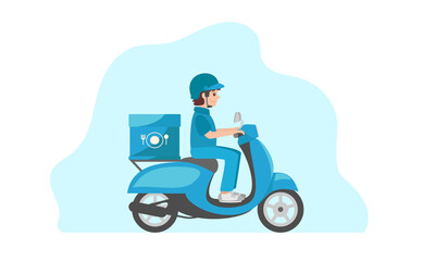 Food Delivery Man Riding a blue Scooter. Illustration for food delivery. Vector illustration isolated on white background.