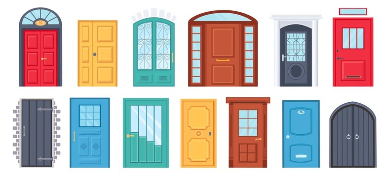Retro doors. Cartoon front doorway exterior with brick wall. House or office entrance with glass. Wooden door design with handle vector set