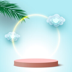 Blank round podium with clouds and palm leaves. Pedestal. Cosmetic products display platform. Exhibition stand. Vector illustration.