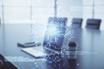 Creative code skull sketch on modern laptop background, theft of personal data and malware concept. Multiexposure