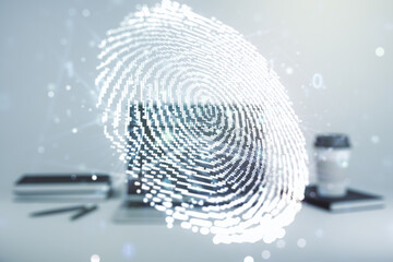 Multi exposure of abstract creative fingerprint illustration on modern laptop background, digital access concept