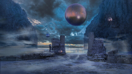 3d illustration of a surreal outdoor scene with floating orbs mountains and water in the background