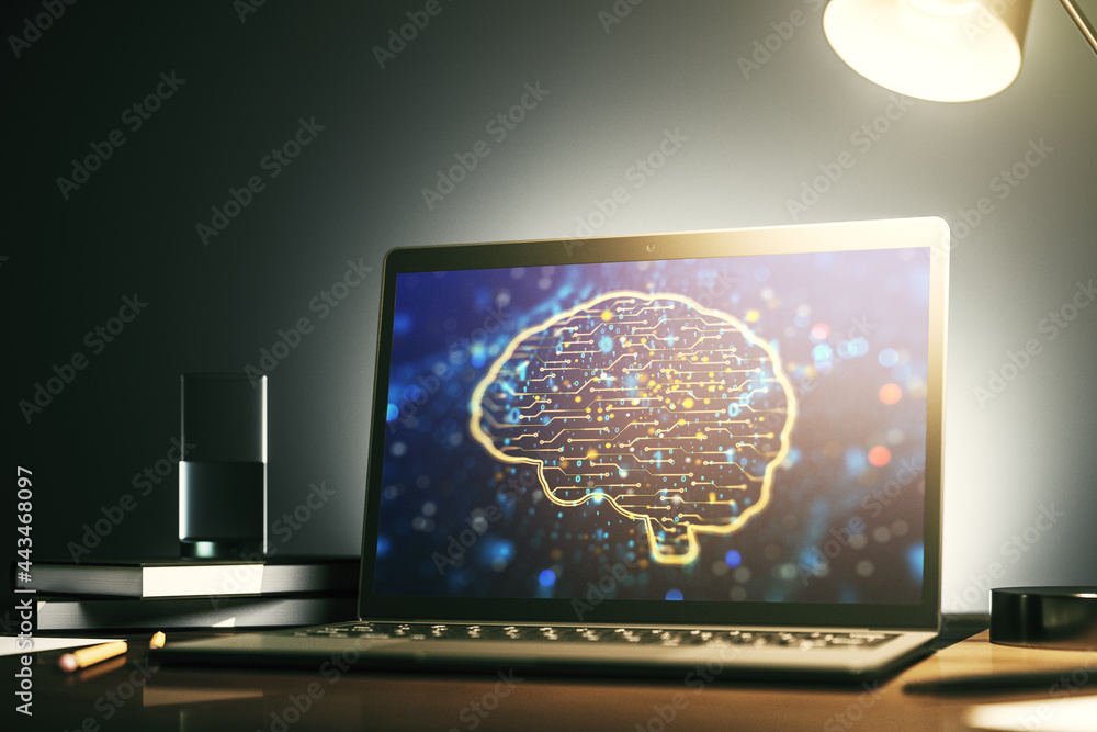 Poster modern computer display with creative human brain microcircuit. future technology and ai concept. 3d