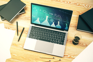 Creative chemistry illustration on modern computer monitor, science and research concept. 3D Rendering