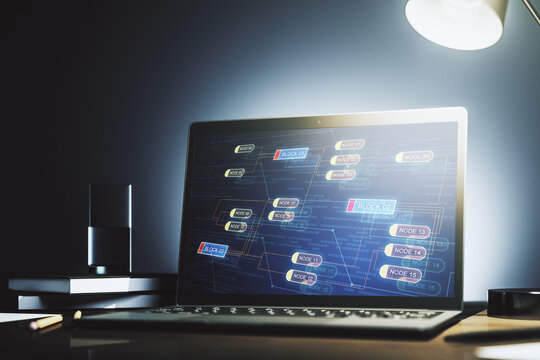 Abstract creative coding concept on modern laptop screen. 3D Rendering