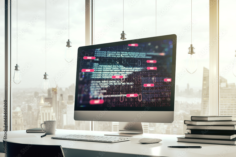 Poster modern computer display with abstract software development hologram, research and analytics concept.