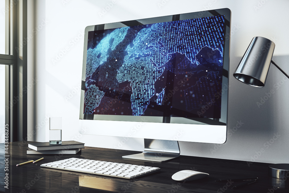 Aufkleber Abstract creative digital world map on modern laptop monitor, tourism and traveling concept. 3D Rendering