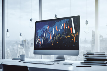 Modern computer display with abstract financial graph with world map, financial and trading concept. 3D Rendering
