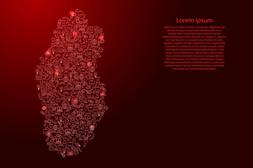 Qatar map from red and glowing stars icons pattern set of SEO analysis concept or development, business. Vector illustration.