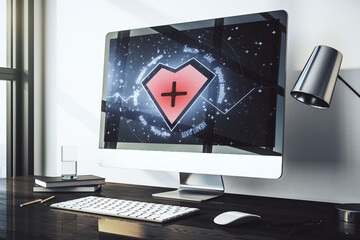 Creative concept of heart pulse illustration on modern laptop screen. Medicine and healthcare concept. 3D Rendering