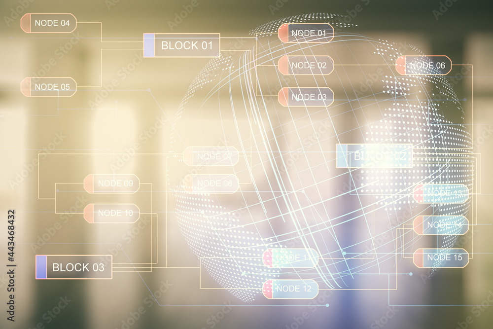 Aufkleber double exposure of abstract programming language hologram and world map on empty modern office backg