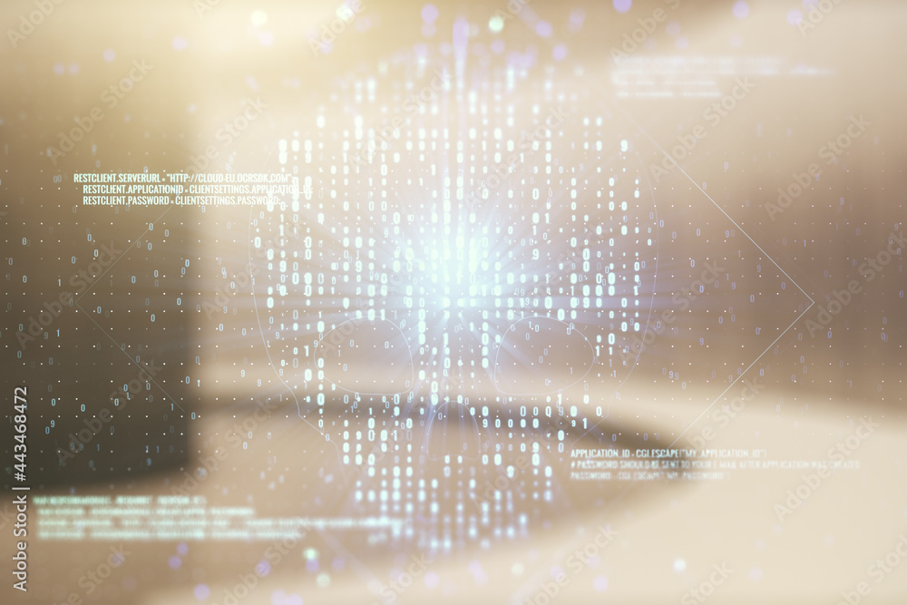 Poster abstract virtual code skull illustration on empty corporate office background. hacking and phishing 