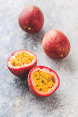 Organic raw passion fruit on kitchen table
