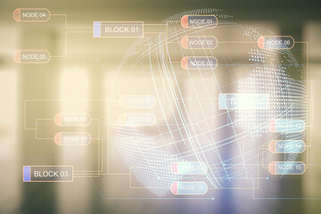 Double exposure of abstract programming language hologram and world map on empty modern office...