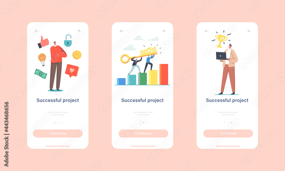 Poster successful project mobile app page onboard screen template. tiny businesspeople characters with gold