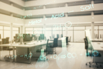Fototapeta premium Creative chemistry hologram on a modern furnished office interior background, pharmaceutical research concept. Multiexposure