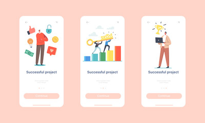 Successful Project Mobile App Page Onboard Screen Template. Tiny Businesspeople Characters with Golden Key in Hands
