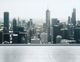 Fototapeta premium Empty concrete rooftop on the background of a beautiful Chicago city skyline at daytime, mockup