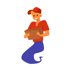 Delivery man with box looks like genie, flat vector illustration isolated.