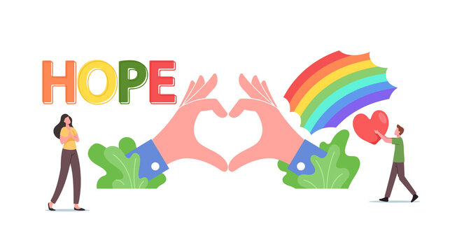 Hope, Love Concept. Tiny Family Characters at Rainbow and Huge Hands Show Heart Symbol. Charity, Kindness