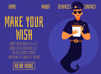 Website banner with friendly smiling genie policeman, flat vector illustration.