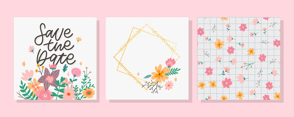 Charming Save the Date Lovely spring concept card. Awesome flowers and birds made in watercolor technique. Bright romantic card with summer flowers in vector background