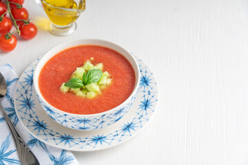 Gaspacho, also Andalusian gazpacho, cold refreshing tomato soup made of raw blended vegetables...