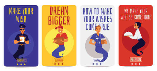 Banners with professional workers look like genie, flat vector illustration.
