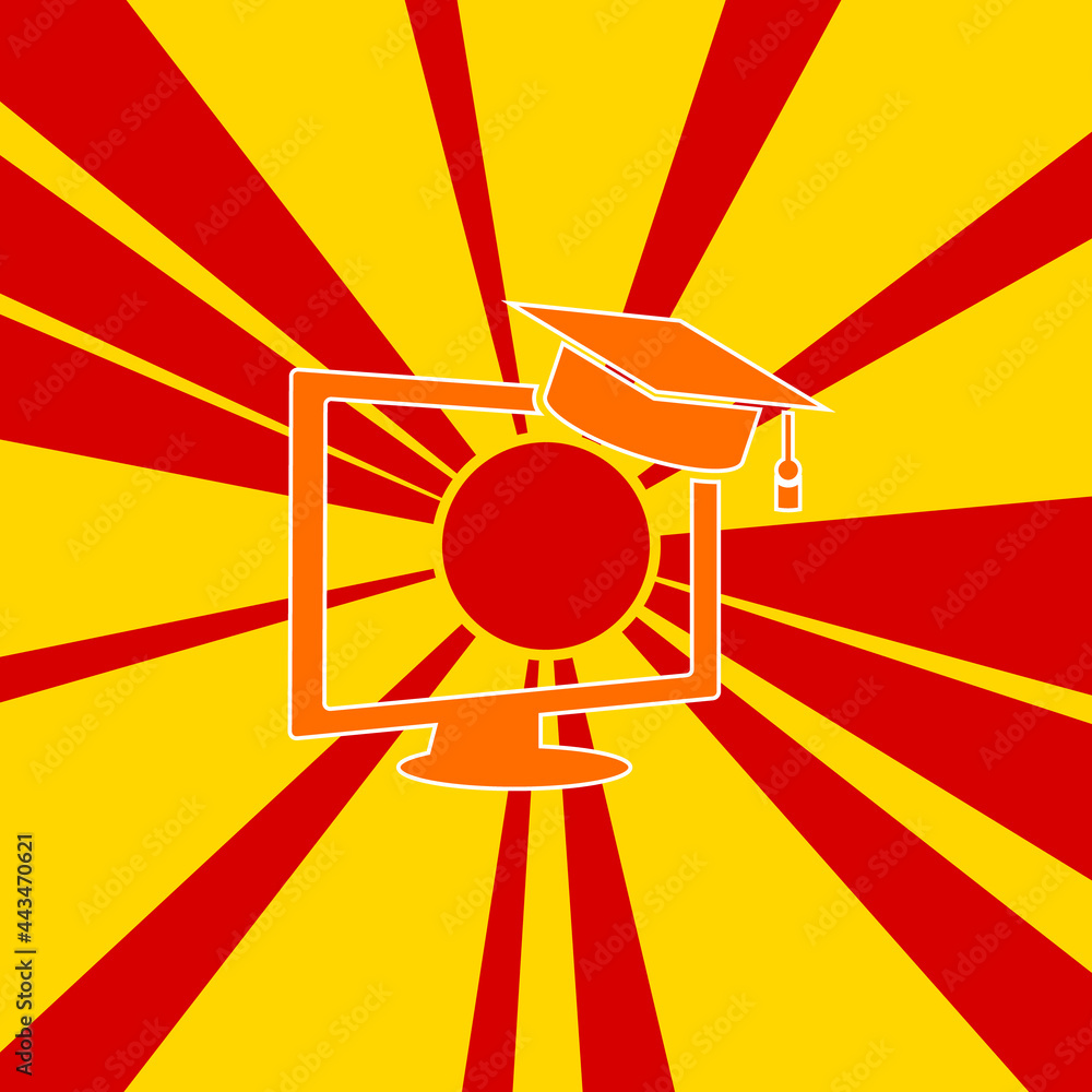 Poster distance learning symbol on a background of red flash explosion radial lines. a large orange symbol 