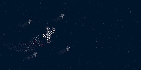 Fototapeta na wymiar A cactus symbol filled with dots flies through the stars leaving a trail behind. Four small symbols around. Empty space for text on the right. Vector illustration on dark blue background with stars